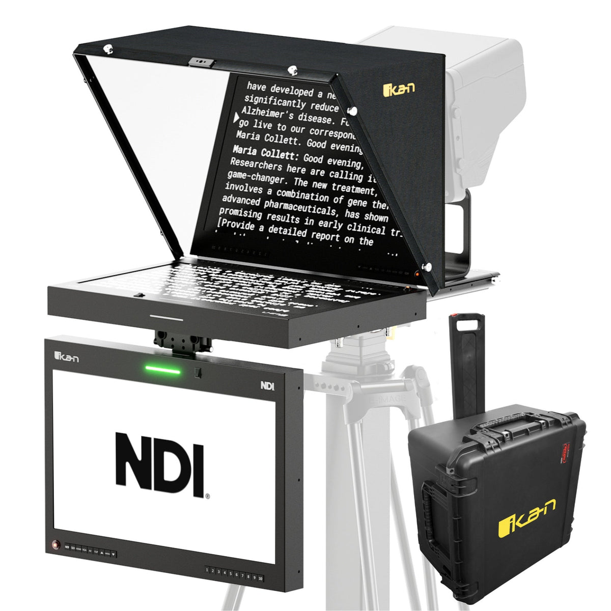 Ikan PT419W-NDI-TMN-TK Aura 19-Inch POE++ NDI Teleprompter, NDI Talent Monitor with Full NDI Encoding/Decoding, IP Tally Light, and Travel Kit