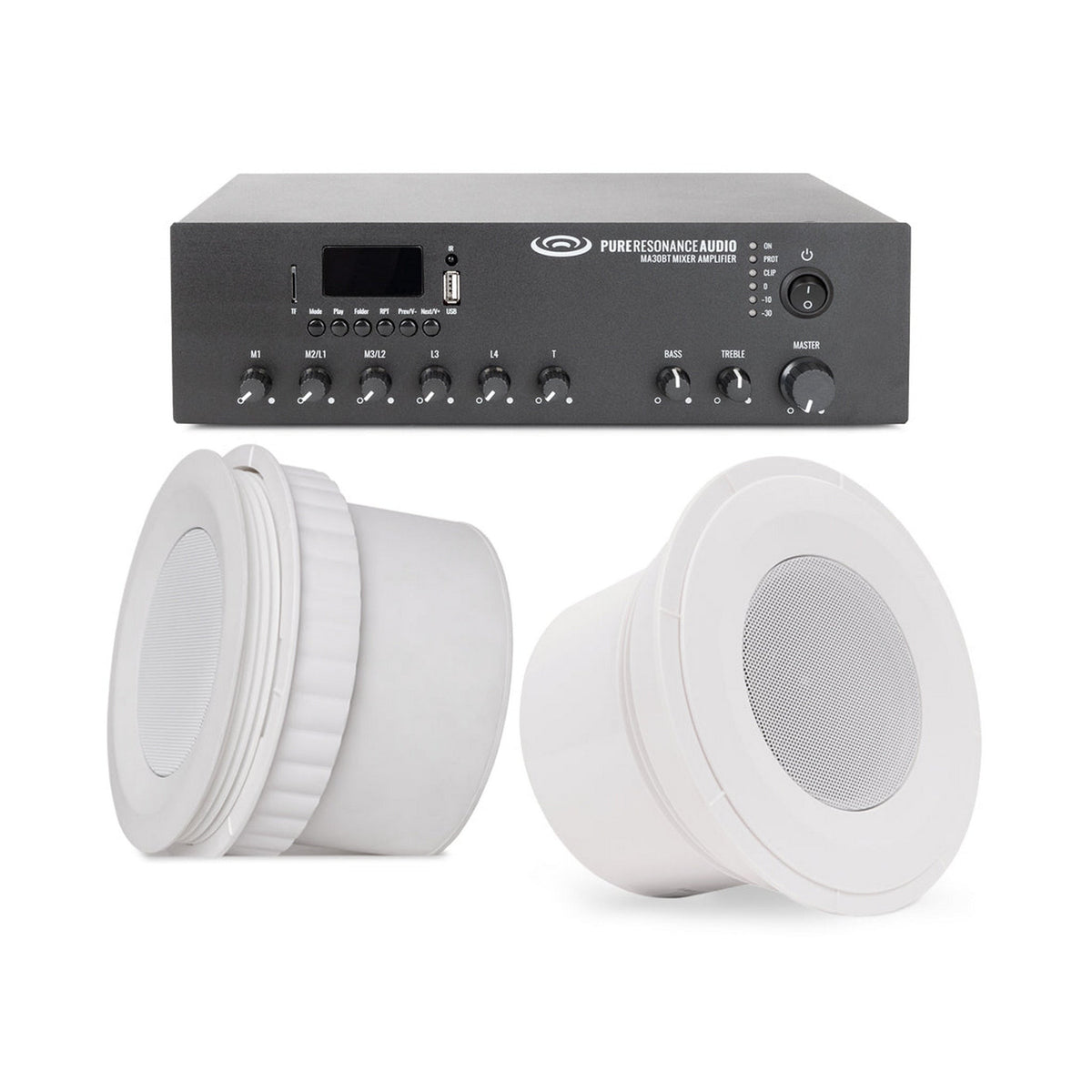 Pure Resonance Audio Auxiliary Area Sound System with (2) C5 4-Inch 70V Ceiling Speakers, and MA30BT 30W Bluetooth Mixer Amplifier