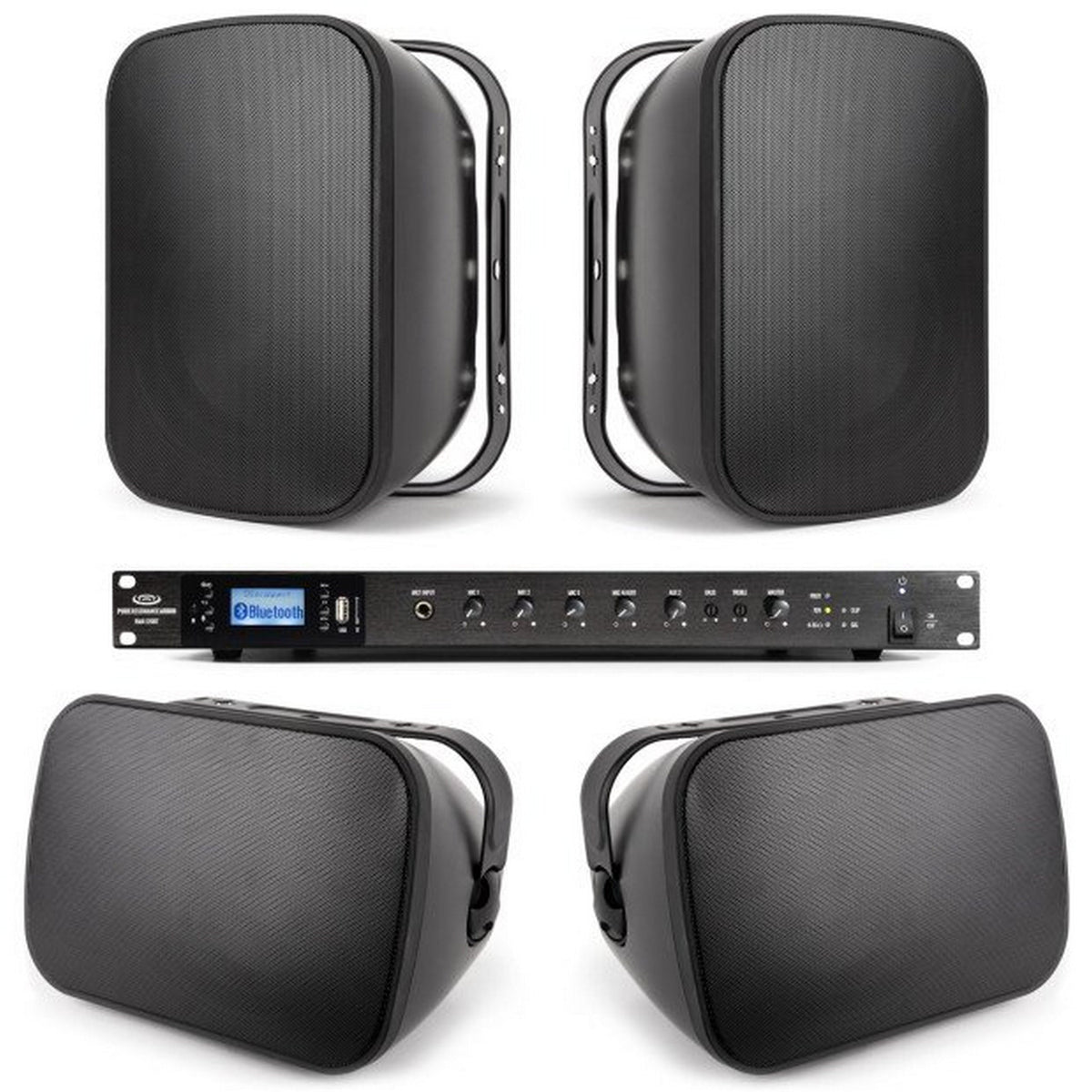Pure Resonance Audio Fitness Sound System with 4 S6.1 Surface Mount Speakers and RMA240BT 240W Bluetooth Mixer Amplifier