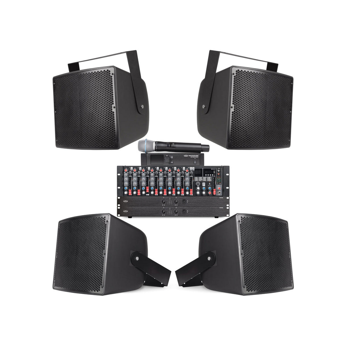 Pure Resonance Audio High School Gym Sound System with (6) S12 12-Inch All-Weather Speakers, MX9 Mixer, (2) LA21000 Power Amplifiers, and WMS1-HH Wireless Handheld Microphone