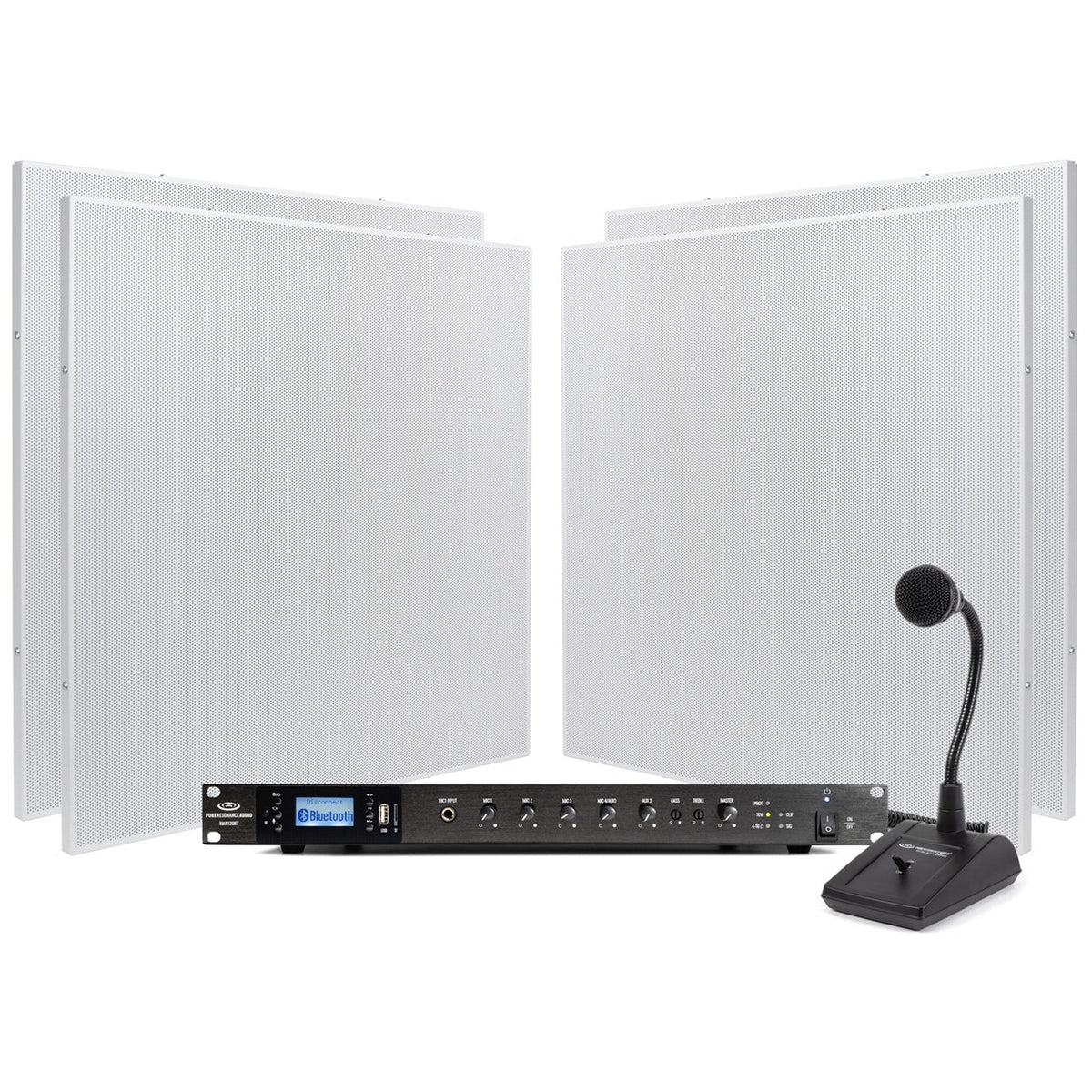 Pure Resonance Audio Paging Sound System with (6) SP8 Drop Tile Ceiling Speakers, RMA120BT Rack Mount Bluetooth Mixer Amplifier, and PTT1 Push-to-Talk Microphone