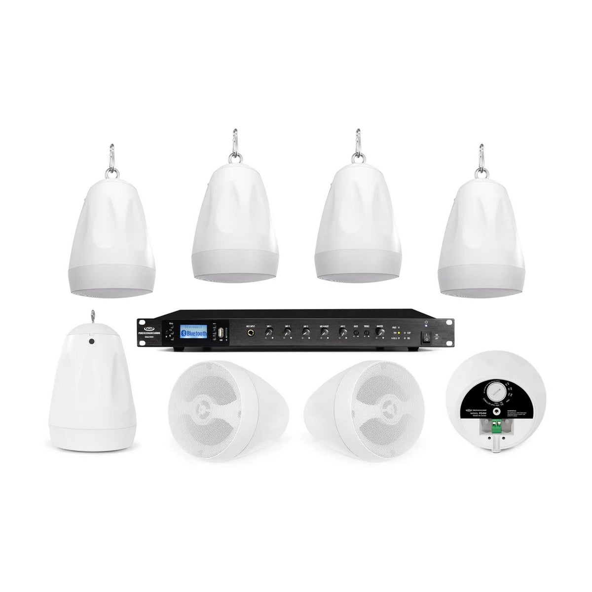Pure Resonance Audio Business Pendant Speaker Sound System with 8 PD4W Weather-Resistant Pendant Speakers and RMA240BT 240W Bluetooth Mixer Amplifier