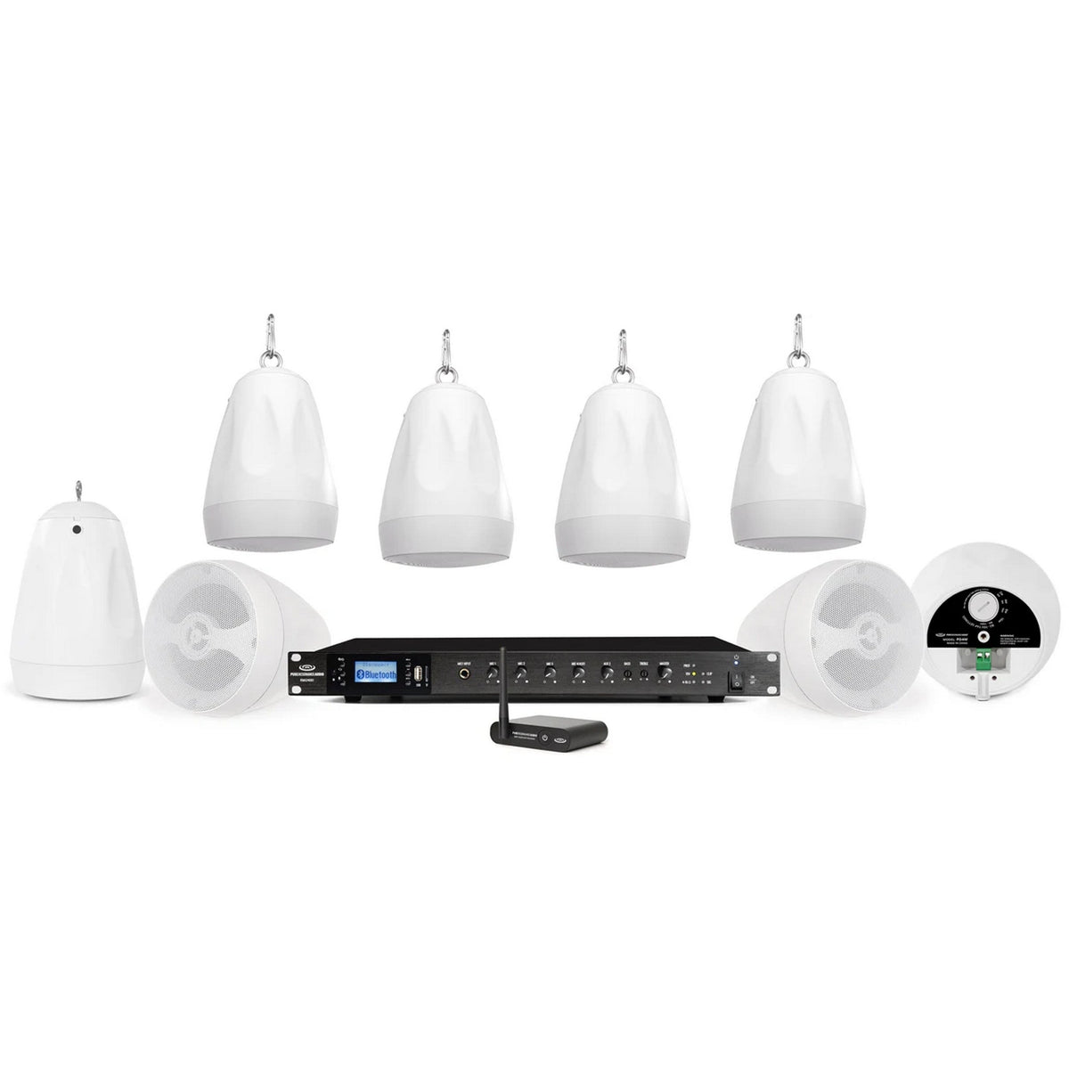 Pure Resonance Audio Background Music Sound System with (8)PD4W Pendant Speakers, RMA240BT Bluetooth Mixer Amplifier, and BTR1 Bluetooth Receiver