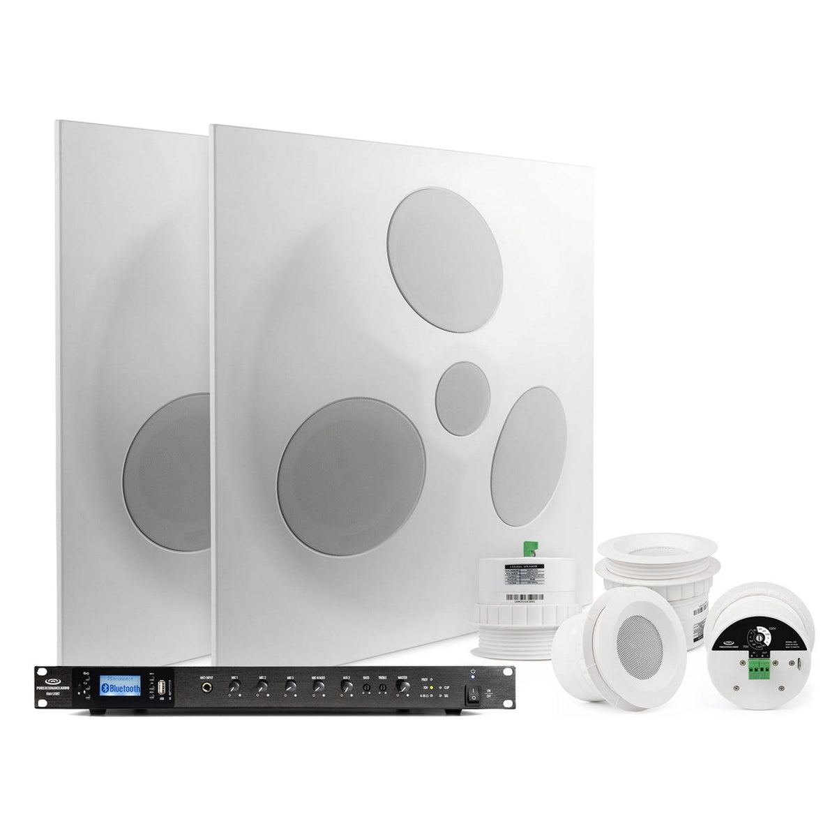 Pure Resonance Audio Fitness Sound System with (2) SD5 Premium Ceiling Tile Speakers, 4 C3 Compact C3 Ceiling Speakers, and RMA120BT Rack Mount Bluetooth Mixer Amplifier