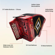 Rossetti 3112 31-Button 12-Bass Diatonic Accordion, Key of GCF - Red w/ Hard Case