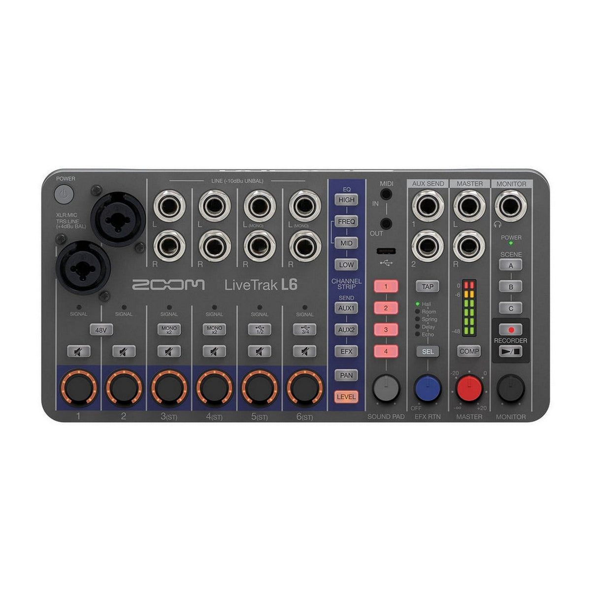 Zoom LiveTrak L-6 Portable 6-Channel Digital Mixer and Multitrack Recording Bundle with Fansonic FS-230CM Microphone, Hosa Cables, Koss UR-20 Headphones, microSDXC Card, and USB-C Cable